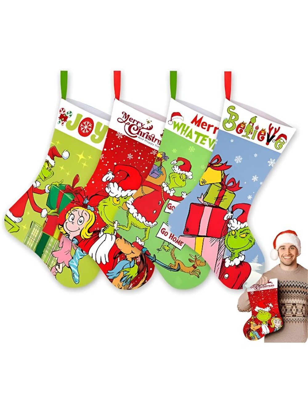4 Packs Christmas Stockings Green 20 inch Large Double-Layer Hanging Ornaments